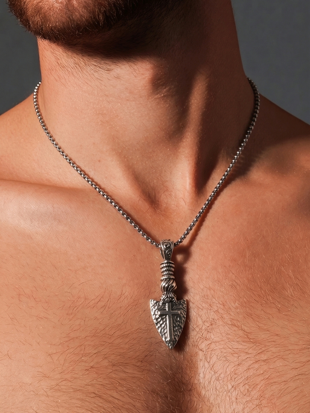 Mens Cross Arrowhead Necklace Stainless Steel 24" Chain Christian Western Biker - Picture 2 of 6